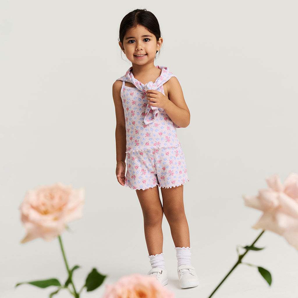 Floral Pink Sleeveless Laney Pointelle Lettuce Edge Cami Short Set