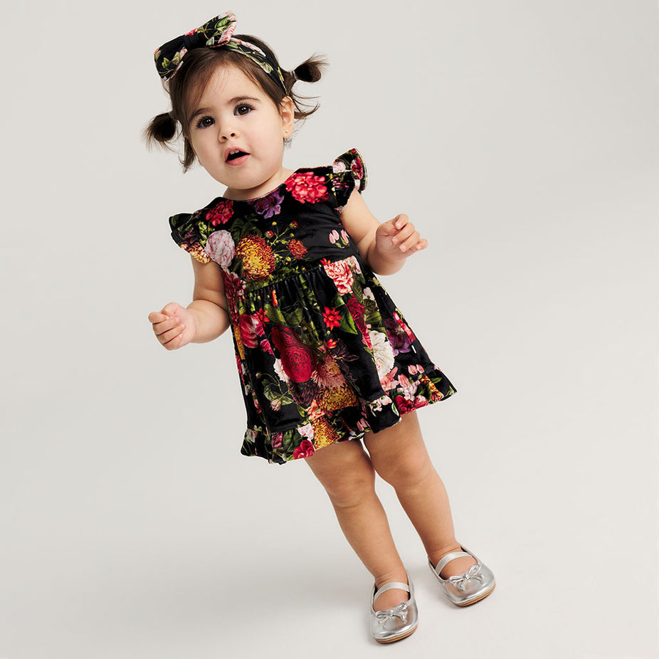 Posh Botanica Velour Bow Back Ruffled Dress Bummie Set