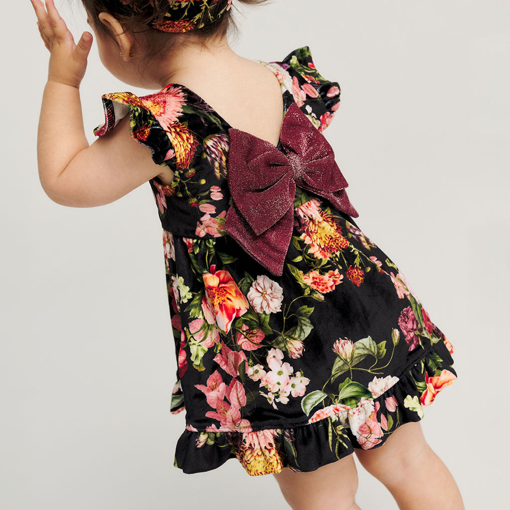 Posh Botanica Velour Bow Back Ruffled Dress Bummie Set