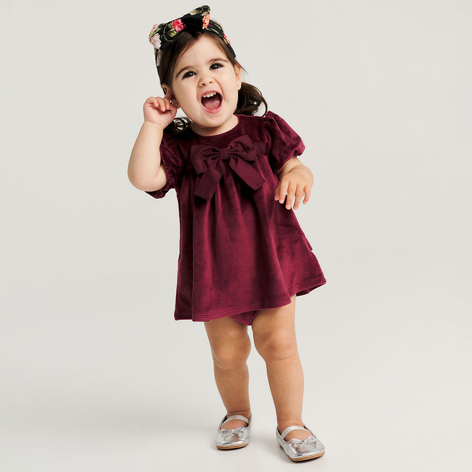 Cranberry Velour Bow Babydoll Dress Bummie Set