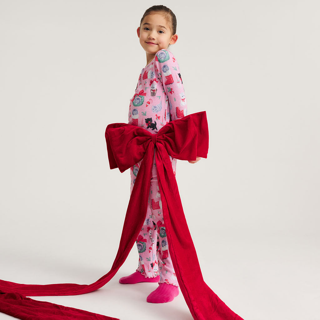 Meowy Christmas Brushed Pointelle Lettuce Edge Top Pant Set