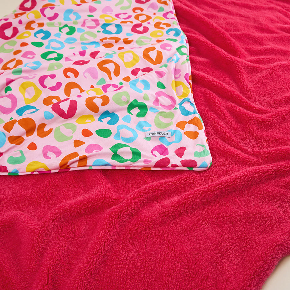 Colorful leopard print blanket on a pink surface