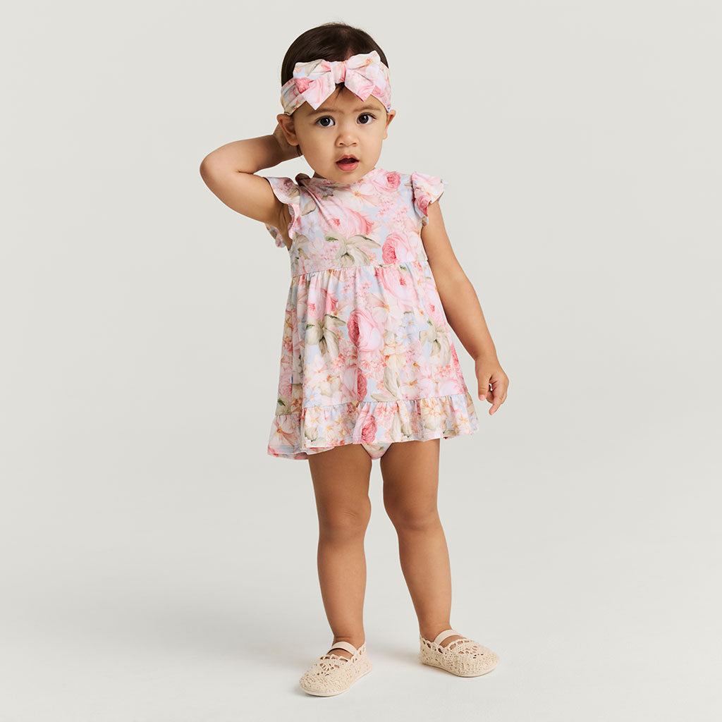 Dream Ruffle Rose Floral Blue Girl Rose Dreams Ruffled Twirl Bodysuit Dress | Posh Peanut®