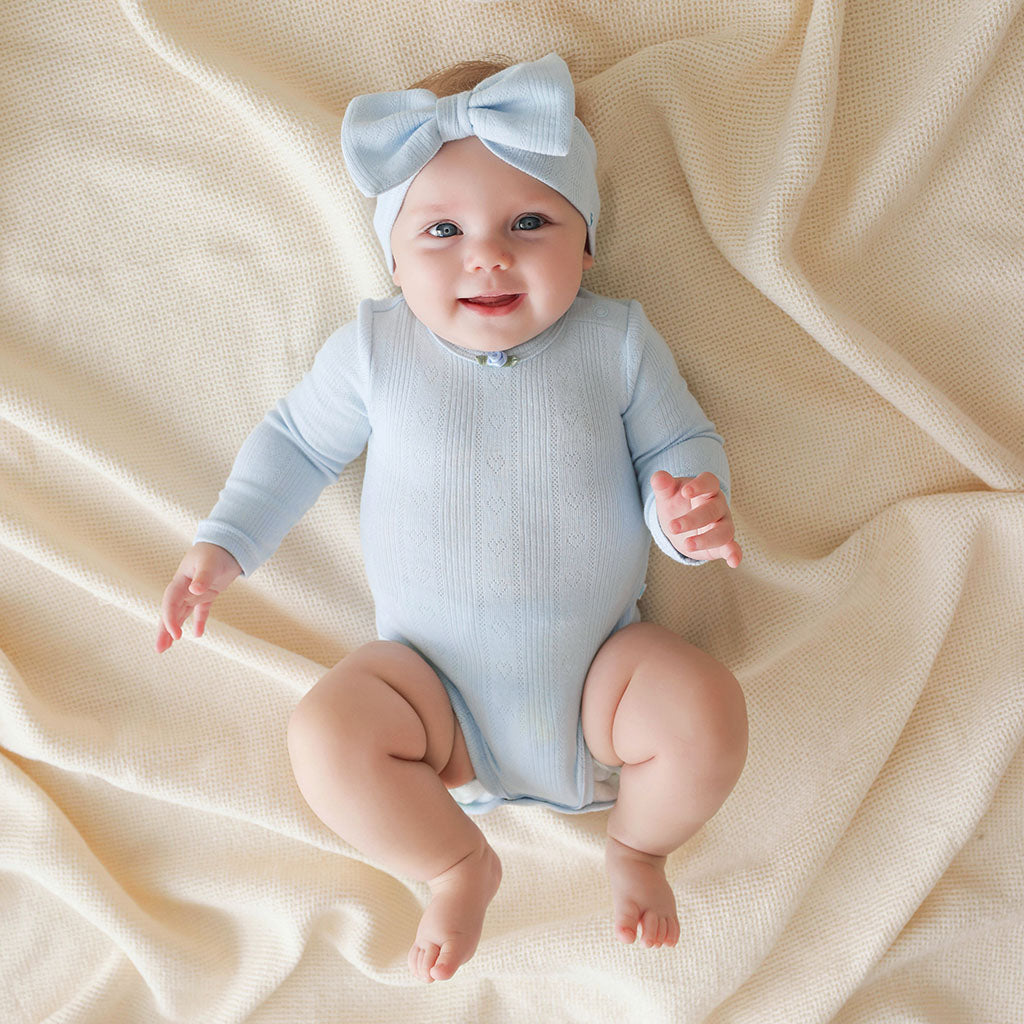 Soft Cloud Blue Pointelle Rosette Bodysuit