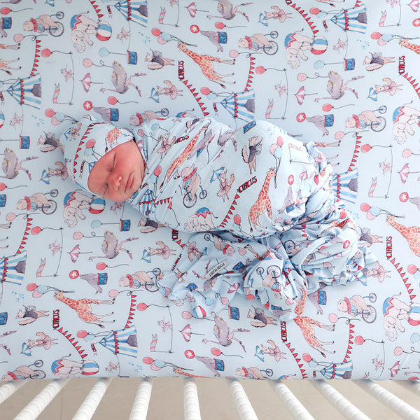 Circus Blue Baby Crib Sheet | Cirque Royal