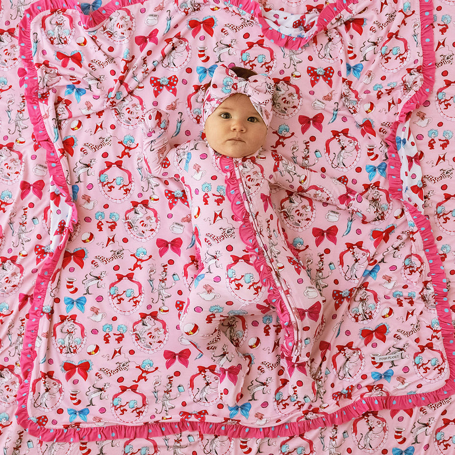 Dr. Seuss Cat in the Hat Bows Footie Ruffled Zippered One Piece
