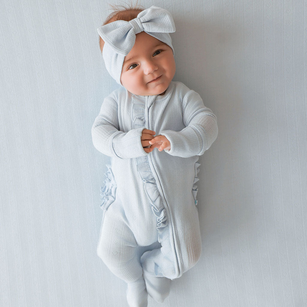 Soft Cloud Blue Pointelle Footie Ruffled Zippered One Piece