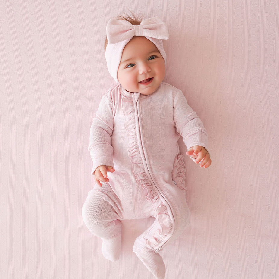 Icing Pink Pointelle Footie Ruffled Zippered One Piece