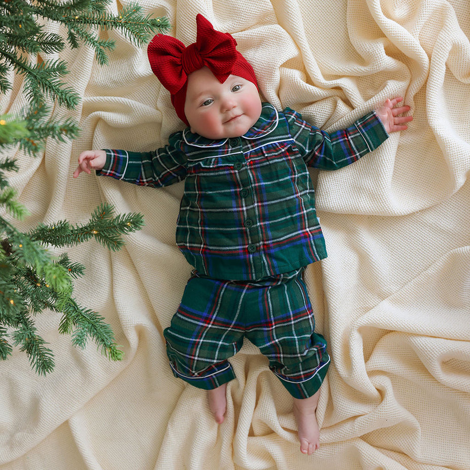 Green Tartan Plaid Flannelette Ruffled Pajama Set