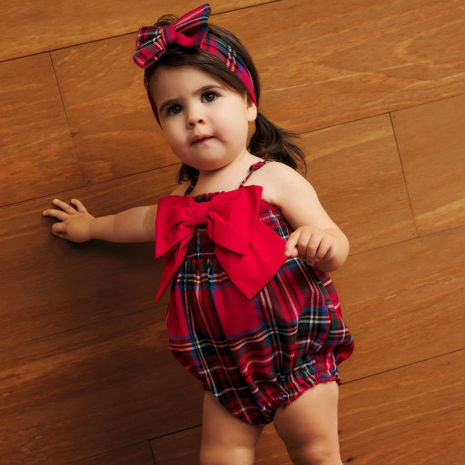 Red Tartan Plaid Smocked Bow Bubble Romper