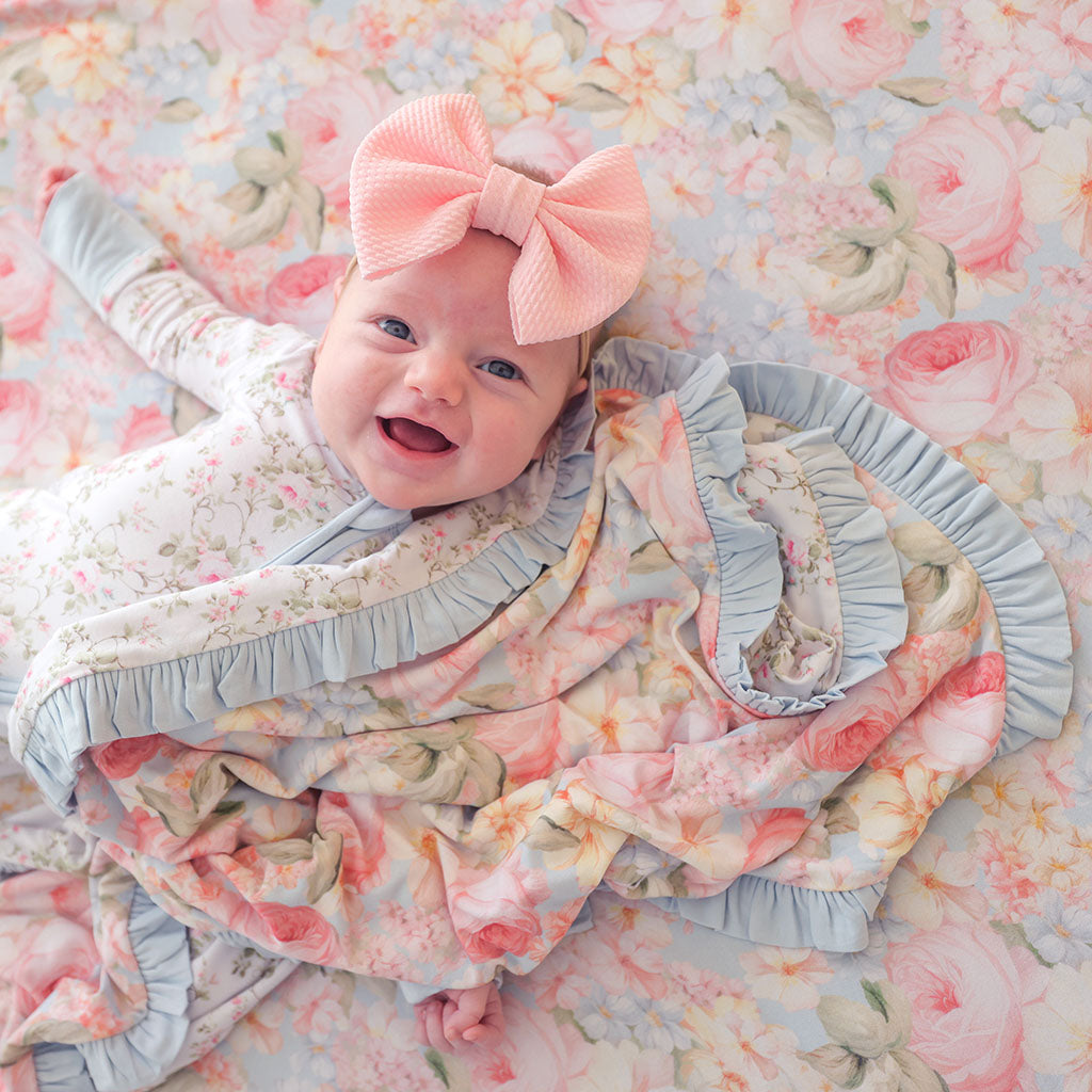 Dream Ruffle Rose Floral Blue Reversible Rose Dreams & Riley Ruffled Luxette Patoo ...