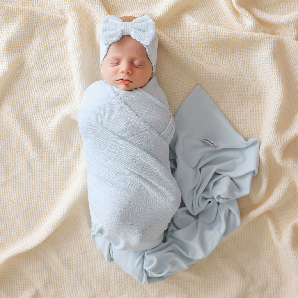 Soft Cloud Blue Pointelle Picot Swaddle Headband Set
