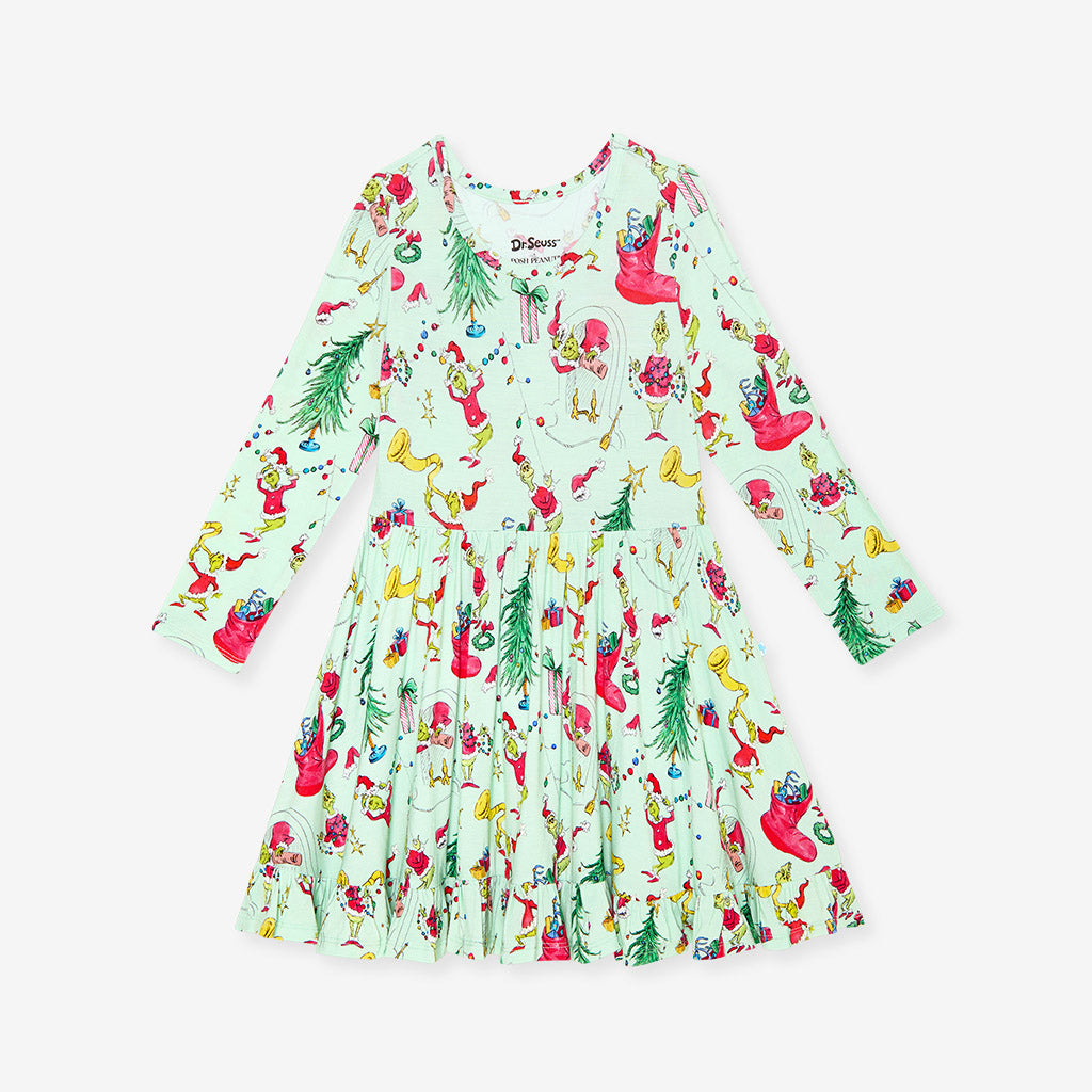 Grinch Green Long Sleeve Dr. Seuss Stealing Christmas Ruffled Twirl Dress