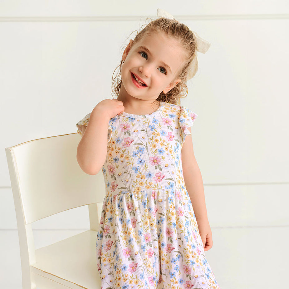 Close-up of a child smiling, wearing the Posh Peanut Hazel Pointelle Ruffled Twirl Dress, cream background
