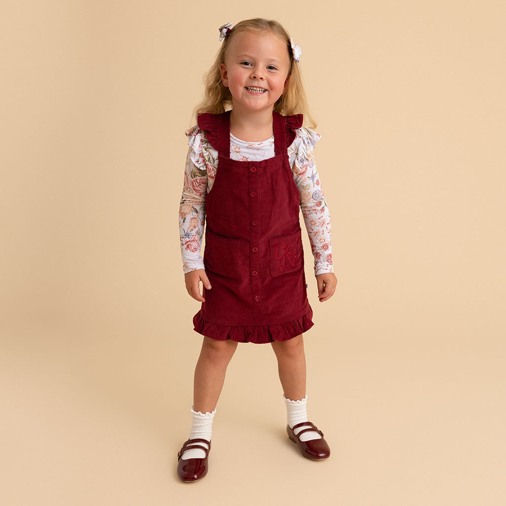 Solid Red Ruffled Strap Burgundy Cotton Corduroy Overall Dress