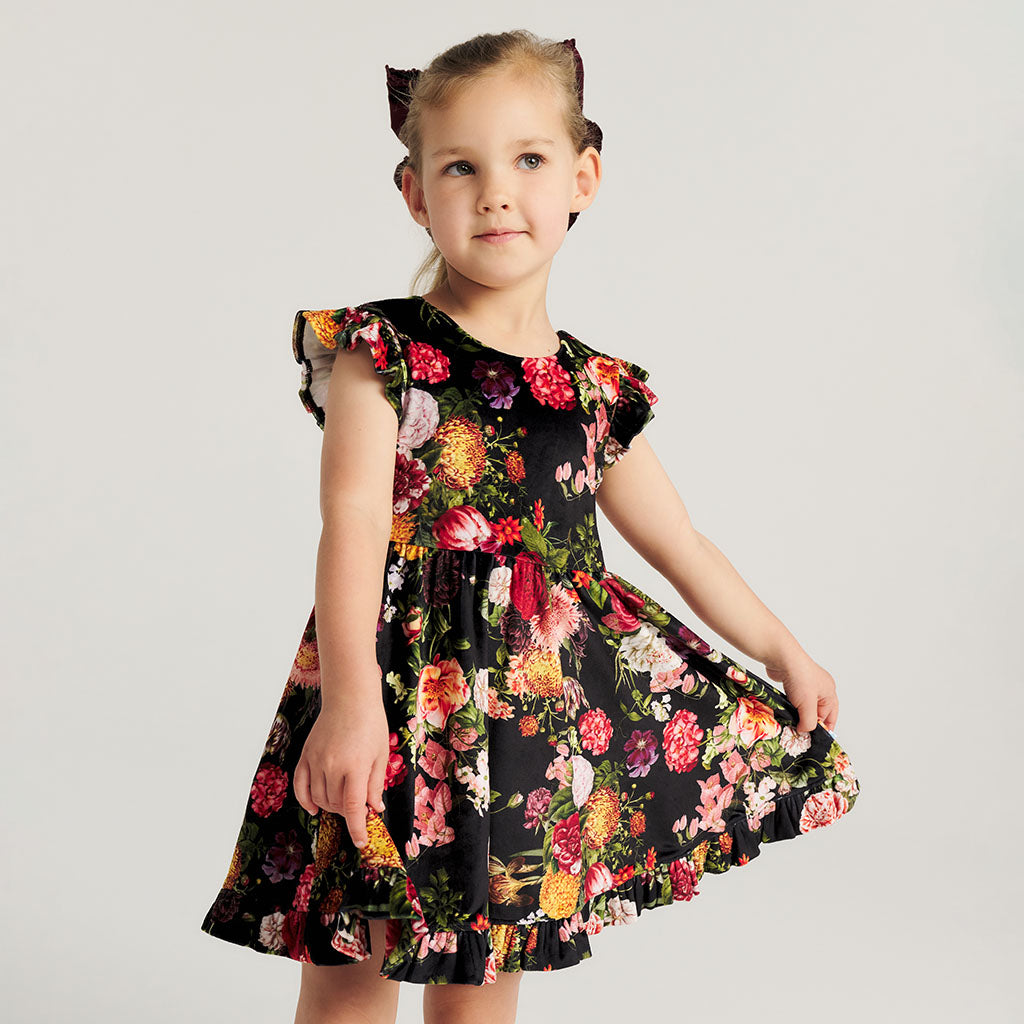 Posh Botanica Velour Bow Back Ruffled Dress
