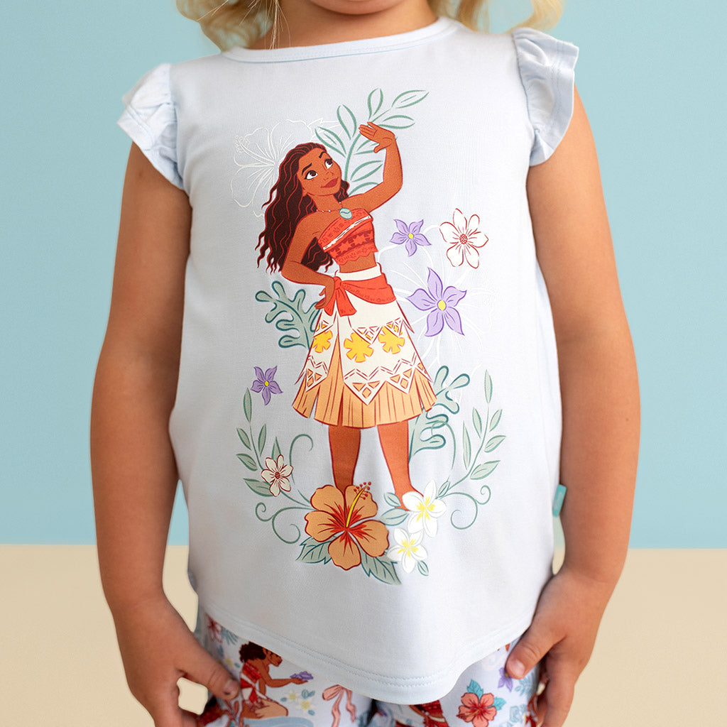 Wayfinder Blue Short Sleeve Disney Moana Ruffled Tee | Posh Peanut®
