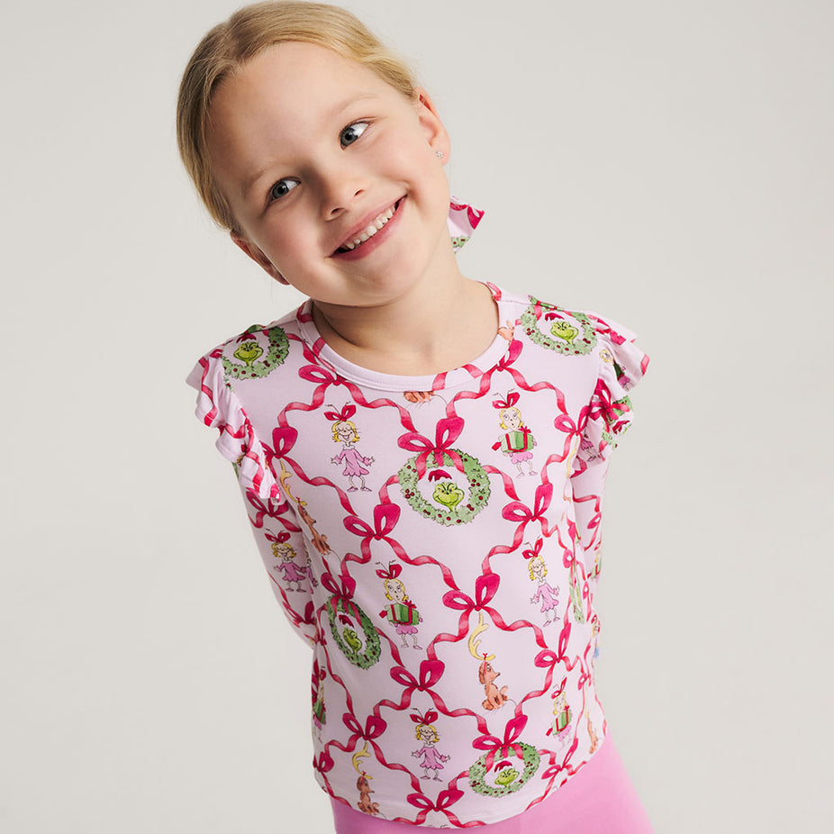 Dr. Seuss Cindy Lou Bows Ruffled Shoulder Top