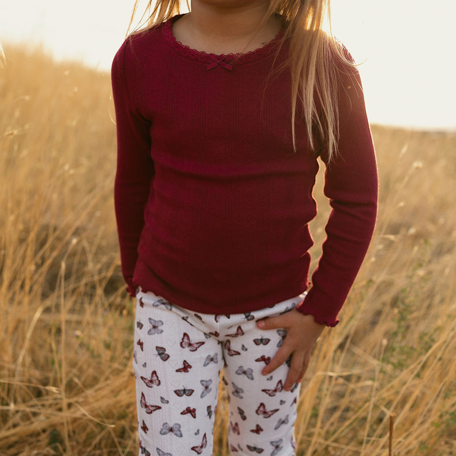 Burgundy Pointelle Lettuce Edge Shirt