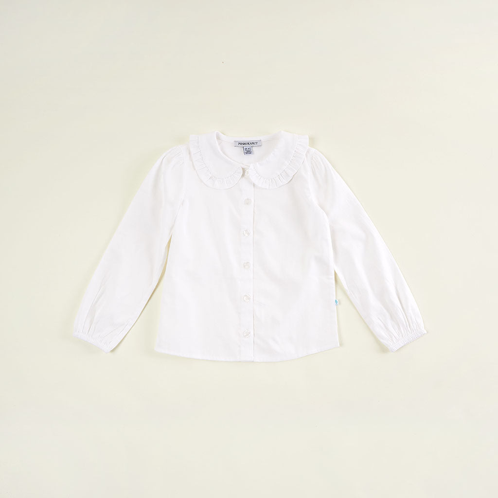 White Bamboo Challis Ruffled Peter Pan Collar Shirt