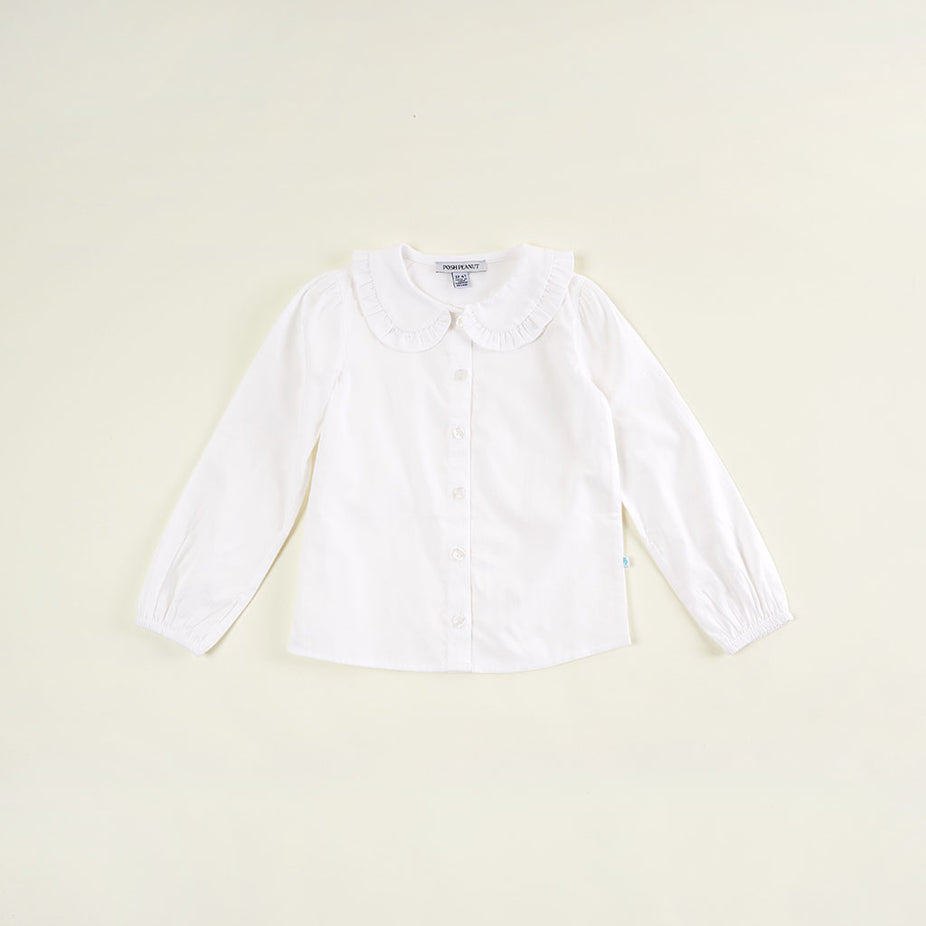 White Bamboo Challis Ruffled Peter Pan Collar Shirt