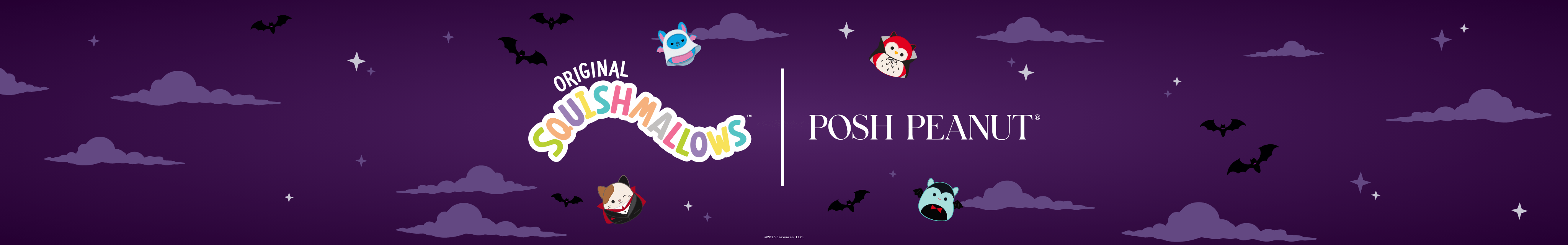 Promotional banner for Posh Peanut with cartoon characters and text on a purple night sky background.