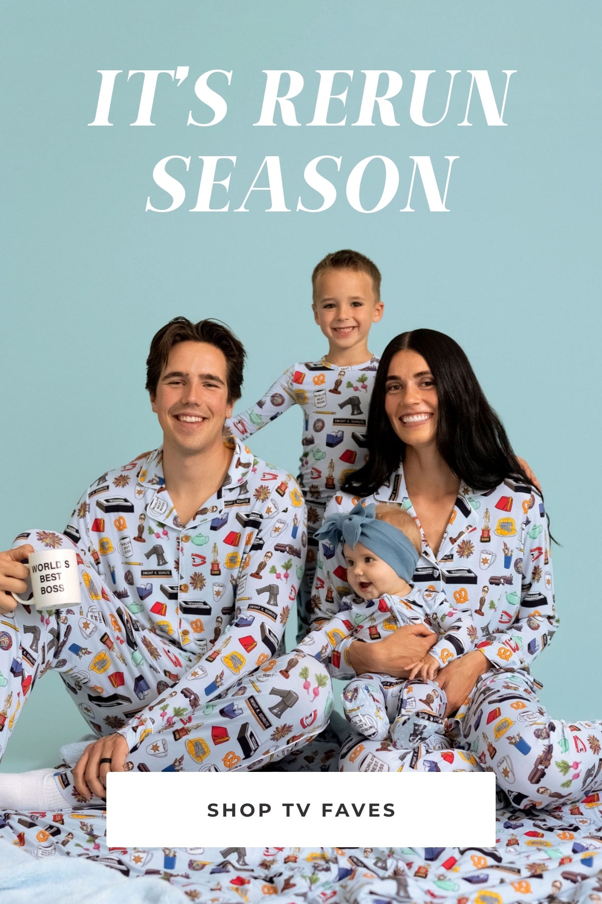 family of 4 wearing matching pajamas with The Office tv show themed print with text 'It's Rerun Season Shop TV Faves' on blue background