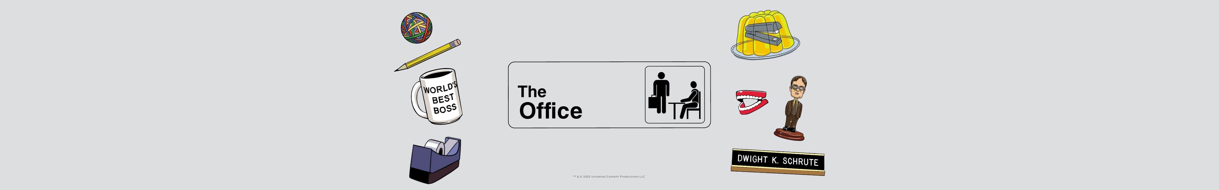 Decorative banner with 'The Office' logo and related icons on a light gray background with text '™& © 2025 Universal Content Productions LLC.'