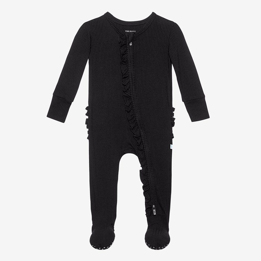 Footie Ruffled Zippered One Piece Black Ribbed Baby Girl Sleeper