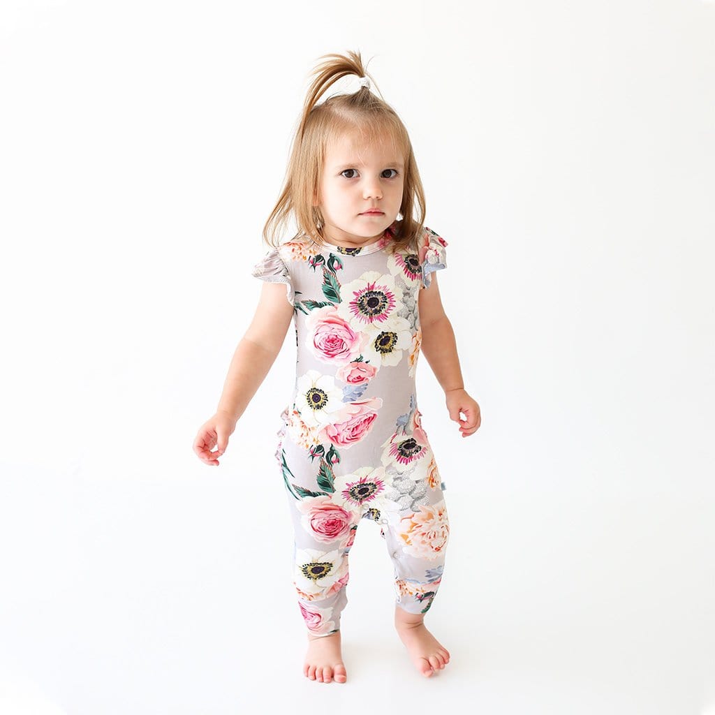 Ruffled Cap Sleeve Romper | French Gray | Floral Baby Girl Romper ...