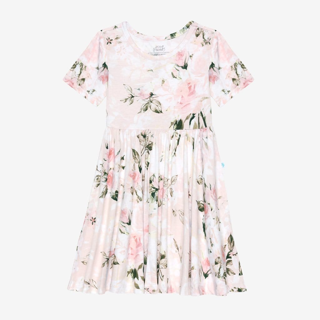 Floral Pink Short Sleeve Toddler Girl Dress | Vintage Pink Rose