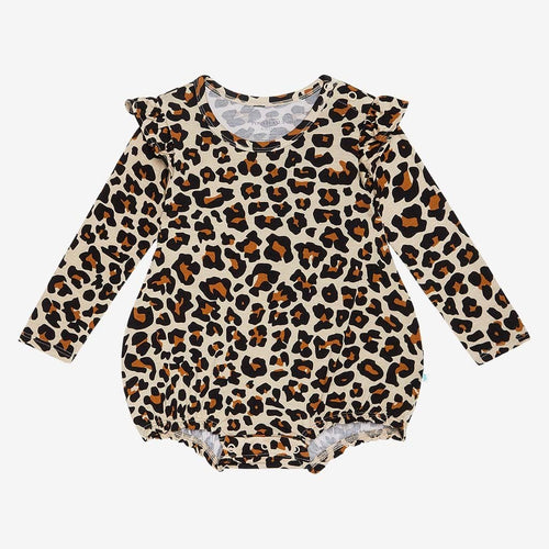 Lana Leopard Tan Ruffled Long Sleeve Bubble Romper
