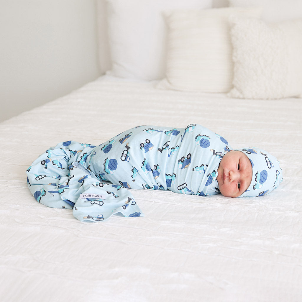 Posh Peanut Construction Cars Swaddle & Beanie Set
