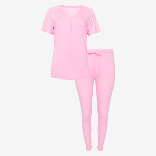 Posh Pink Ribbed Women's Short Sleeve Loungewear