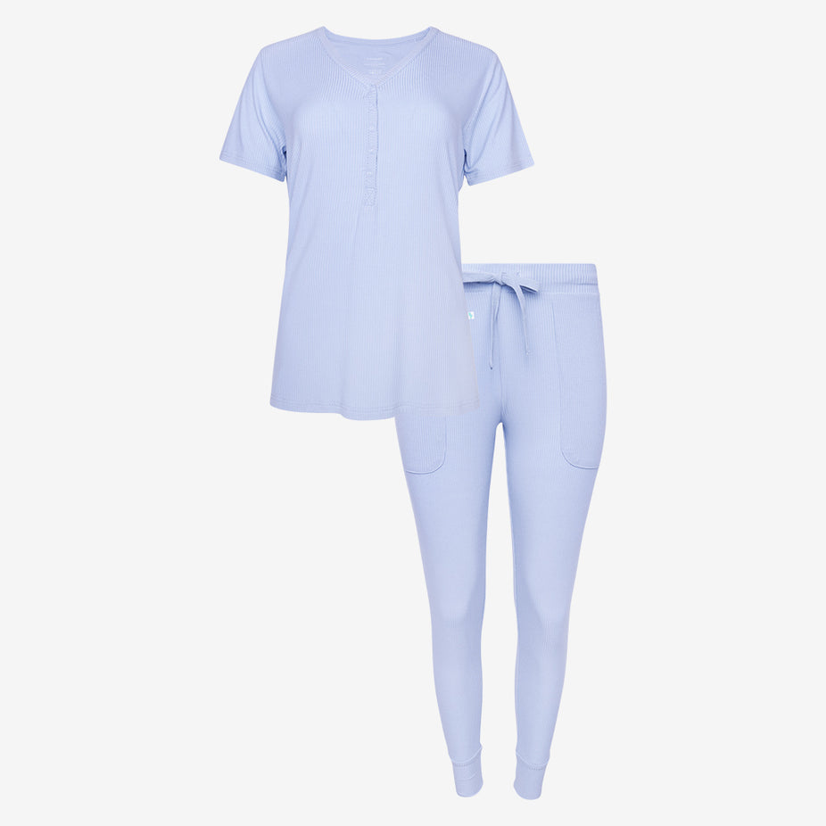 Powder Blue Ribbed Women's Short Sleeve Loungewear