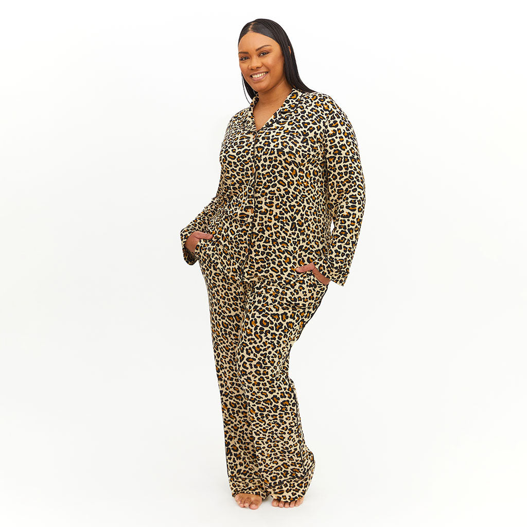 Plaid Womens Pajamas Long Sleeve Loungewear Lana Leopard Tan