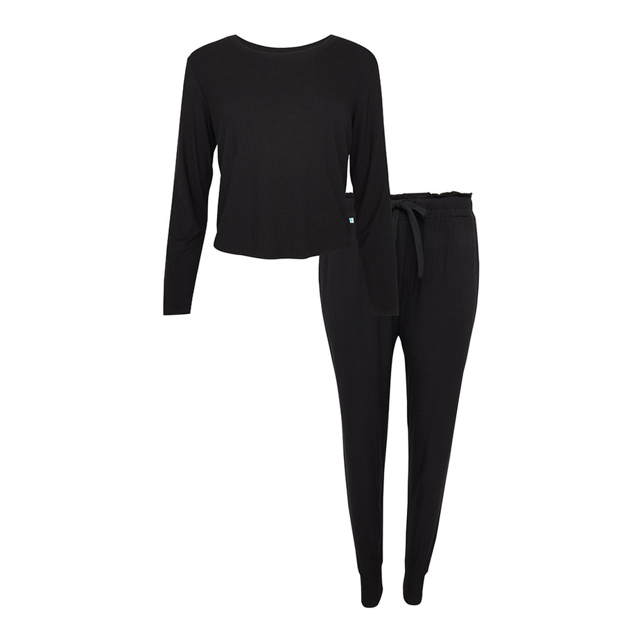 Black Ribbed Women's Long Sleeve Scoop Loungewear