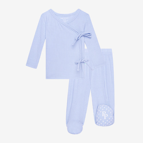 Powder Blue Ribbed Tie-Front Kimono Set