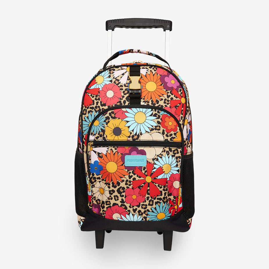 Floral Leopard Brown Kids Rolling Backpack | Moonbeam