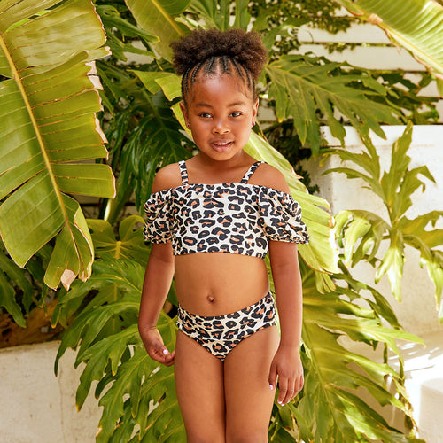 Lana Leopard Tan Puff Sleeve Two Piece Swimsuit